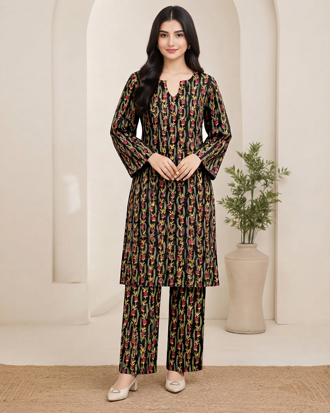Black Floral Printed Unstitched 2-Piece Suit