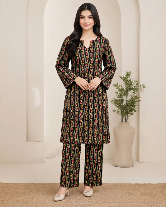 Black Floral Printed Unstitched 2-Piece Suit