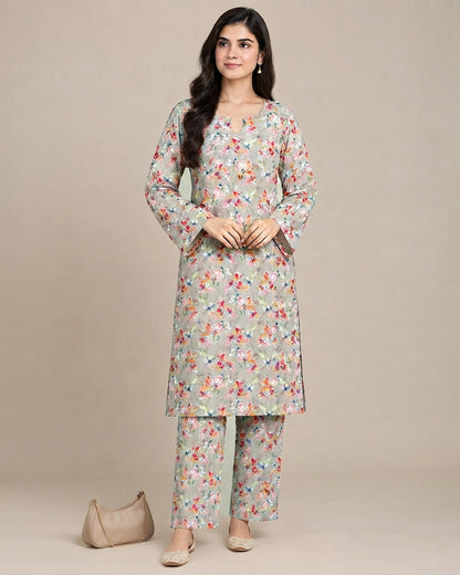 Grey Floral Printed Unstitched 2-Piece Suit