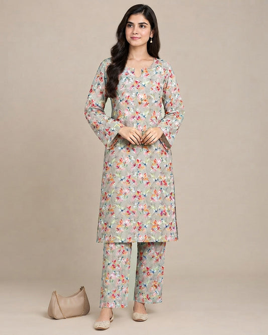 Grey Floral Printed Unstitched 2-Piece Suit