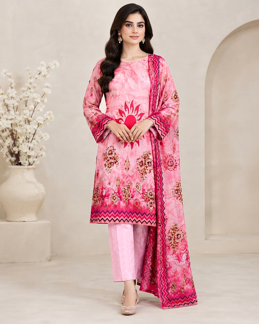 Pink Floral Printed Unstitched Lawn 3-Piece Suit