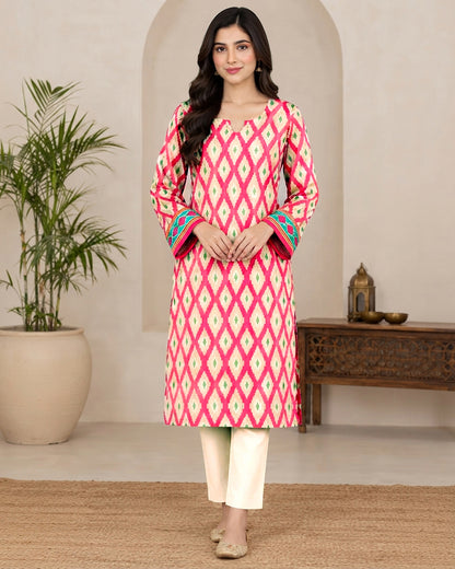 Pink Geometric Printed 1-Piece Khaddar Kurti for Women