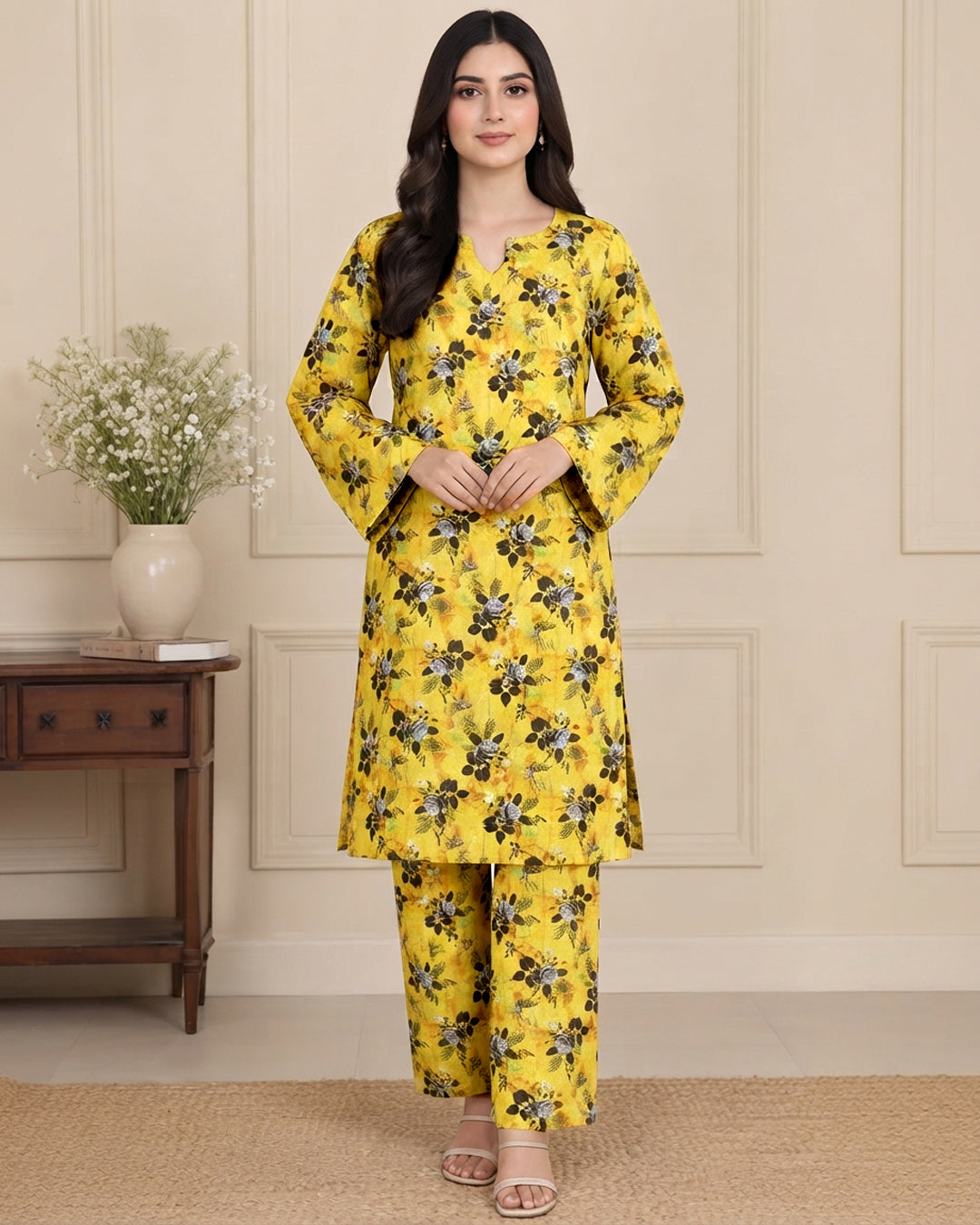 Yellow Floral Printed Unstitched 2-Piece Suit