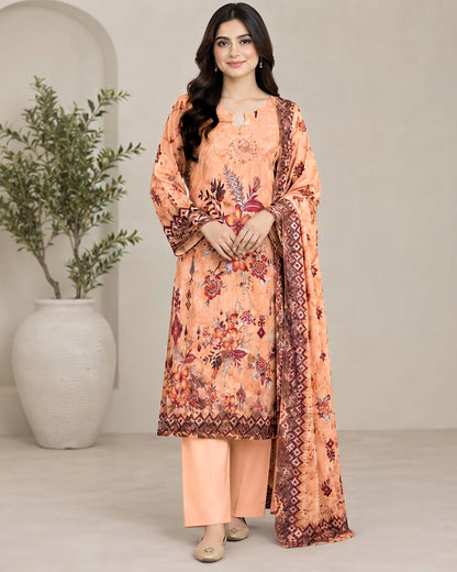 Peach Floral Printed Unstitched Lawn 3-Piece Suit