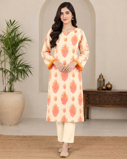 Peach Printed 1-Piece Khaddar Kurti for Women
