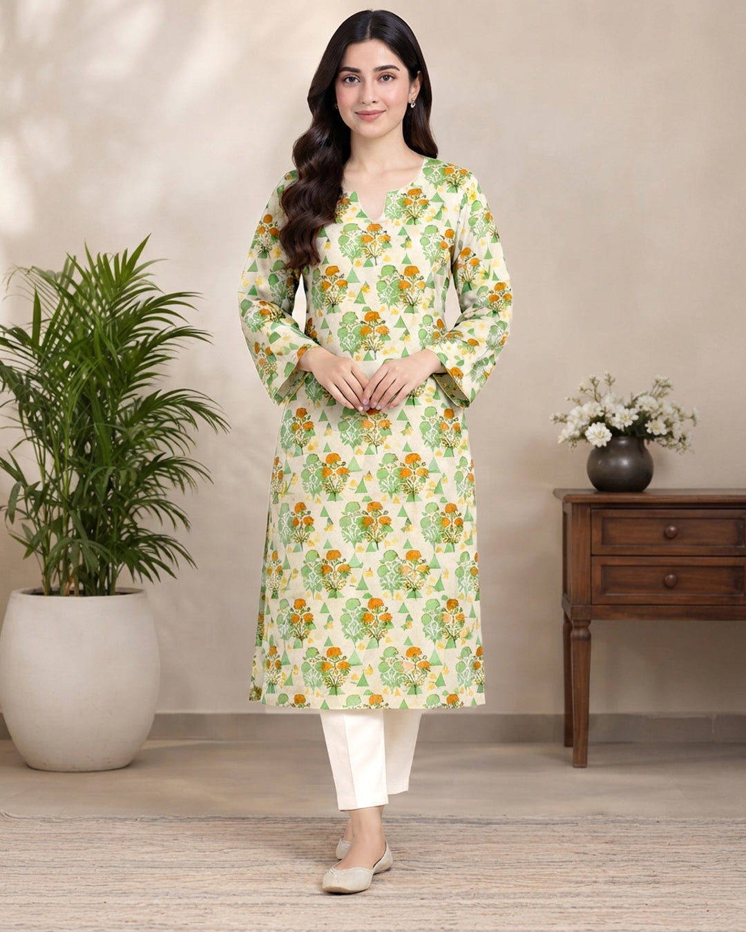 Off-White Printed 1-Piece Khaddar Kurti for Women