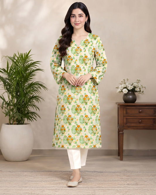 Off-White Printed 1-Piece Khaddar Kurti for Women