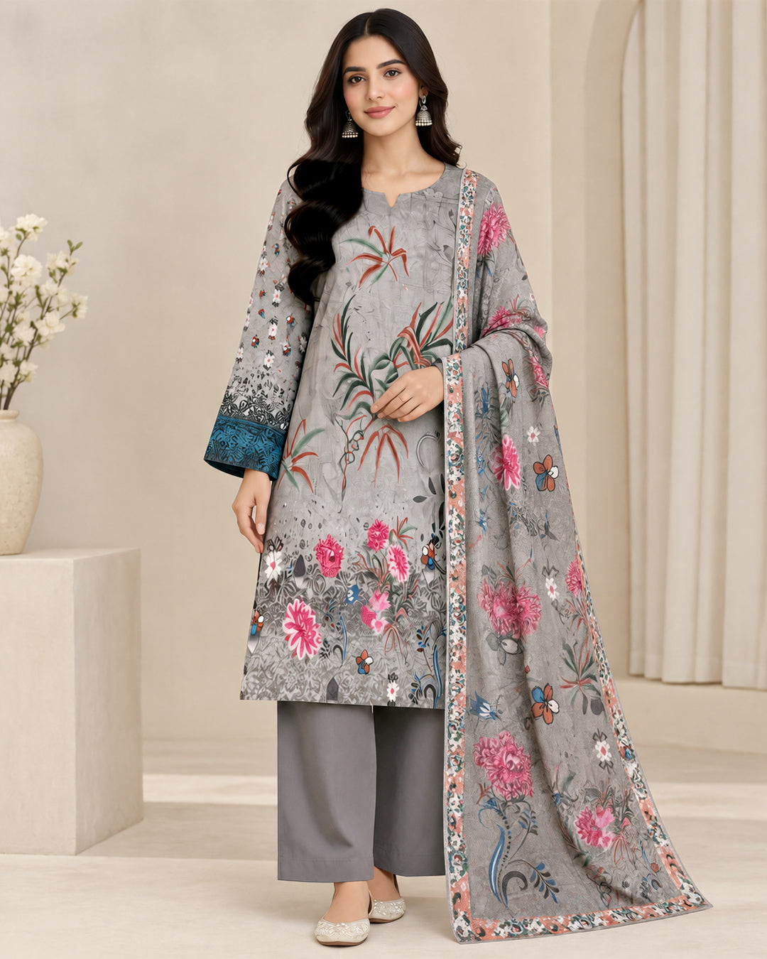 Grey Floral Printed Unstitched Lawn 3-Piece Suit