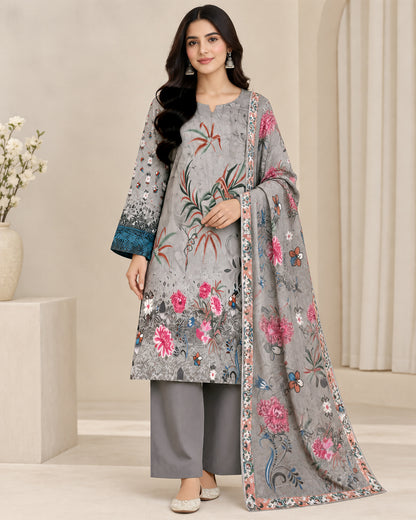 Grey Floral Printed Unstitched Lawn 3-Piece Suit