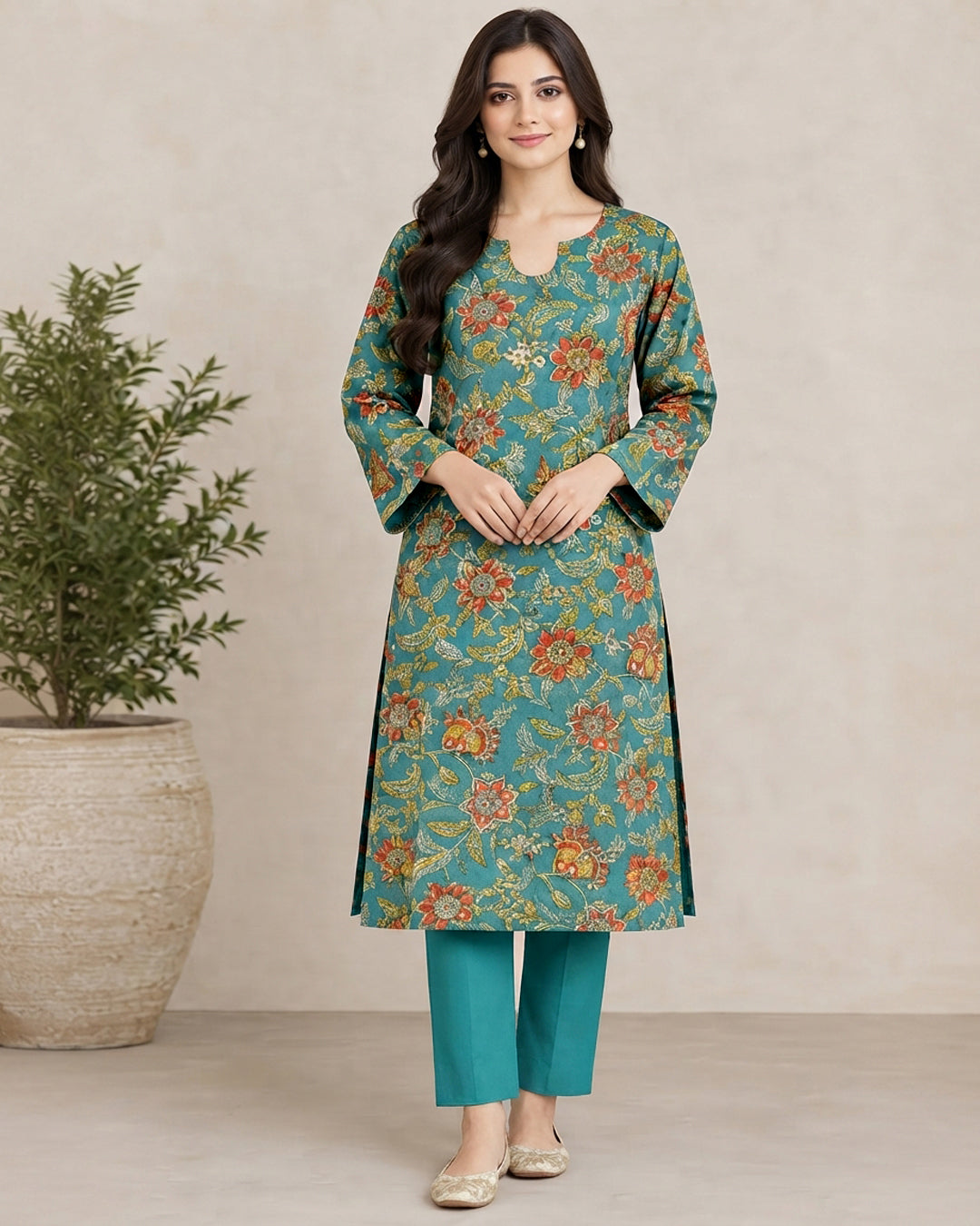 Teal Green Printed 1-Piece Khaddar Kurti for Women