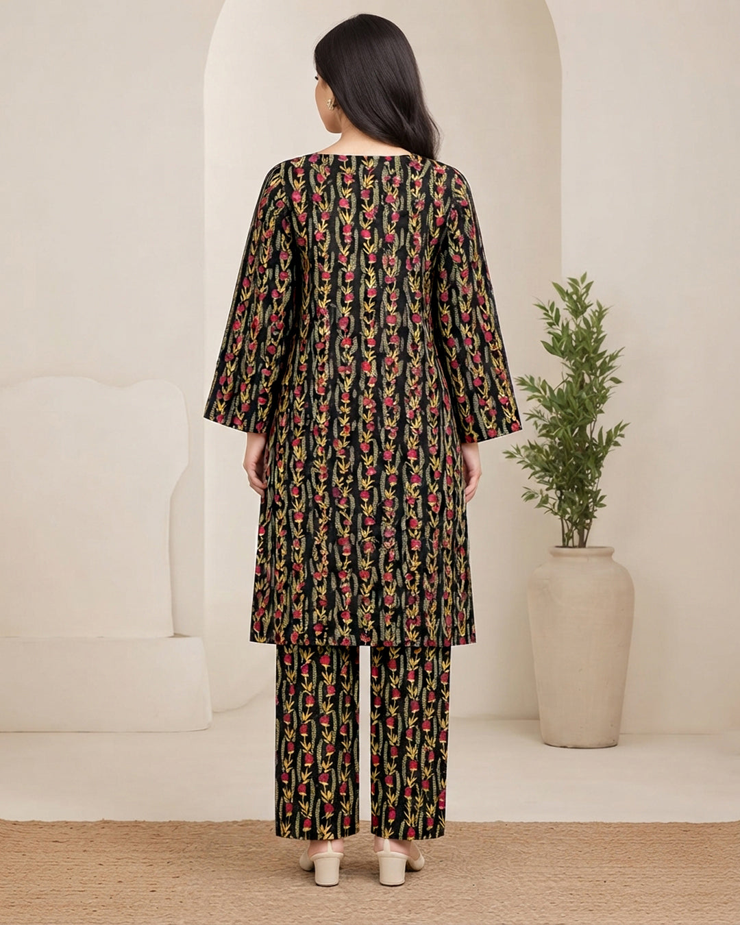 Black Floral Printed Unstitched 2-Piece Suit