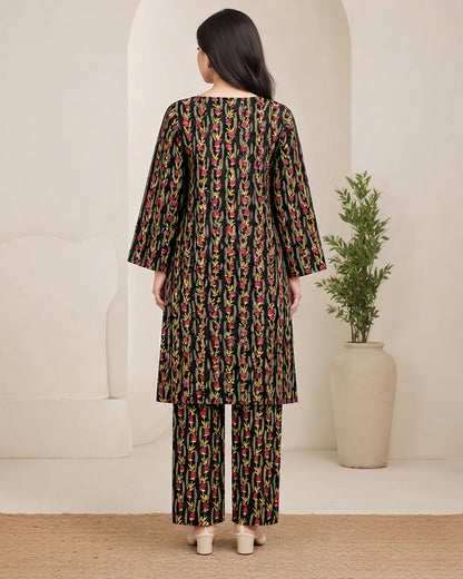 Black Floral Printed Unstitched 2-Piece Suit