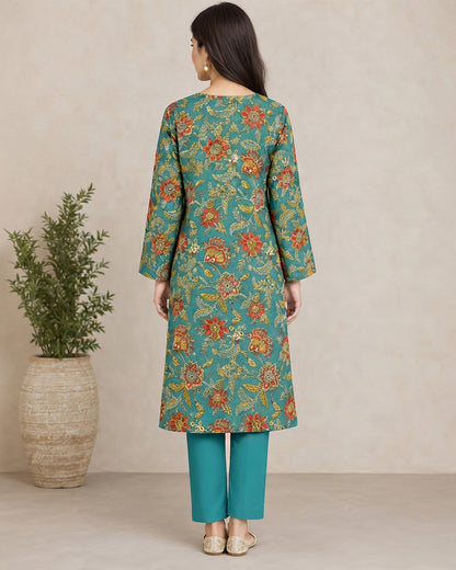 Teal Green Printed 1-Piece Khaddar Kurti for Women