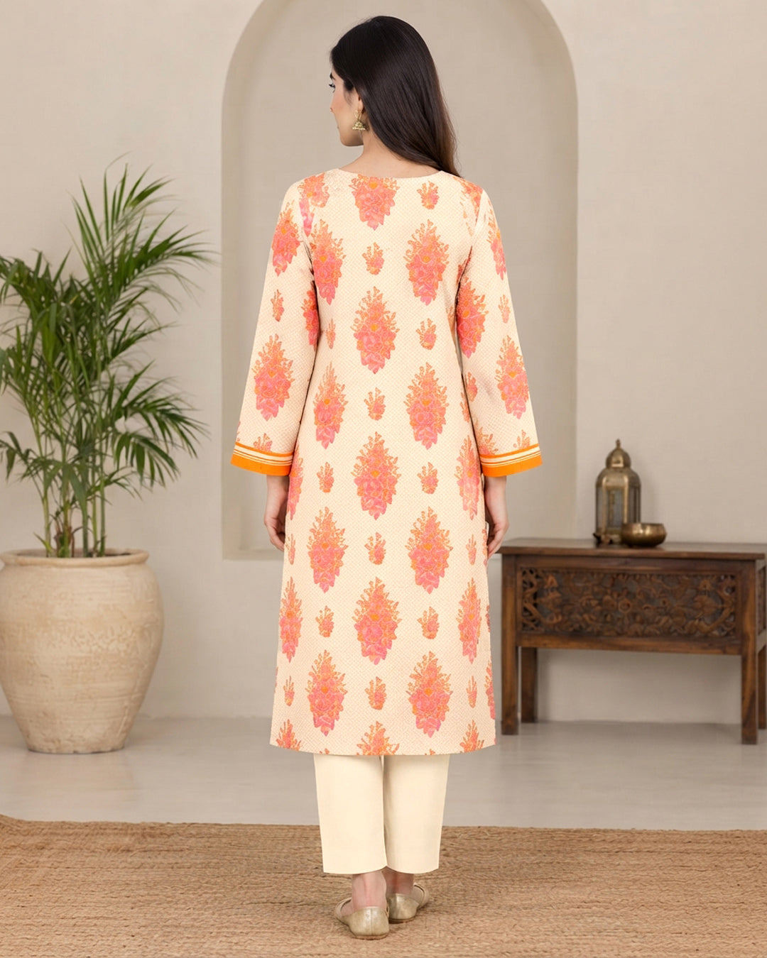 Peach Printed 1-Piece Khaddar Kurti for Women