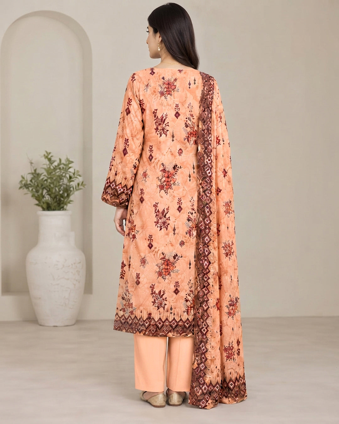 Peach Floral Printed Unstitched Lawn 3-Piece Suit