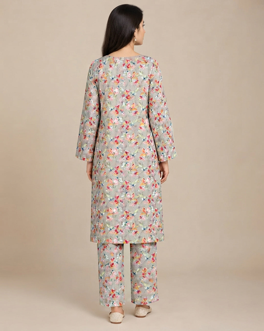 Grey Floral Printed Unstitched 2-Piece Suit