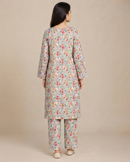 Grey Floral Printed Unstitched 2-Piece Suit