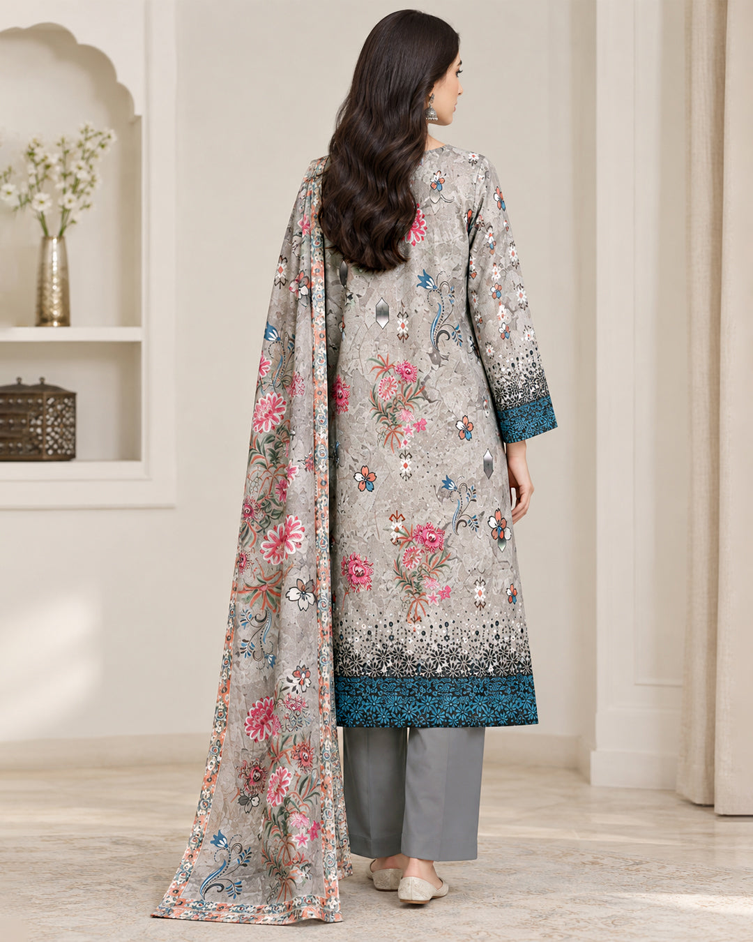 Grey Floral Printed Unstitched Lawn 3-Piece Suit