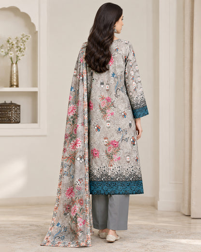 Grey Floral Printed Unstitched Lawn 3-Piece Suit