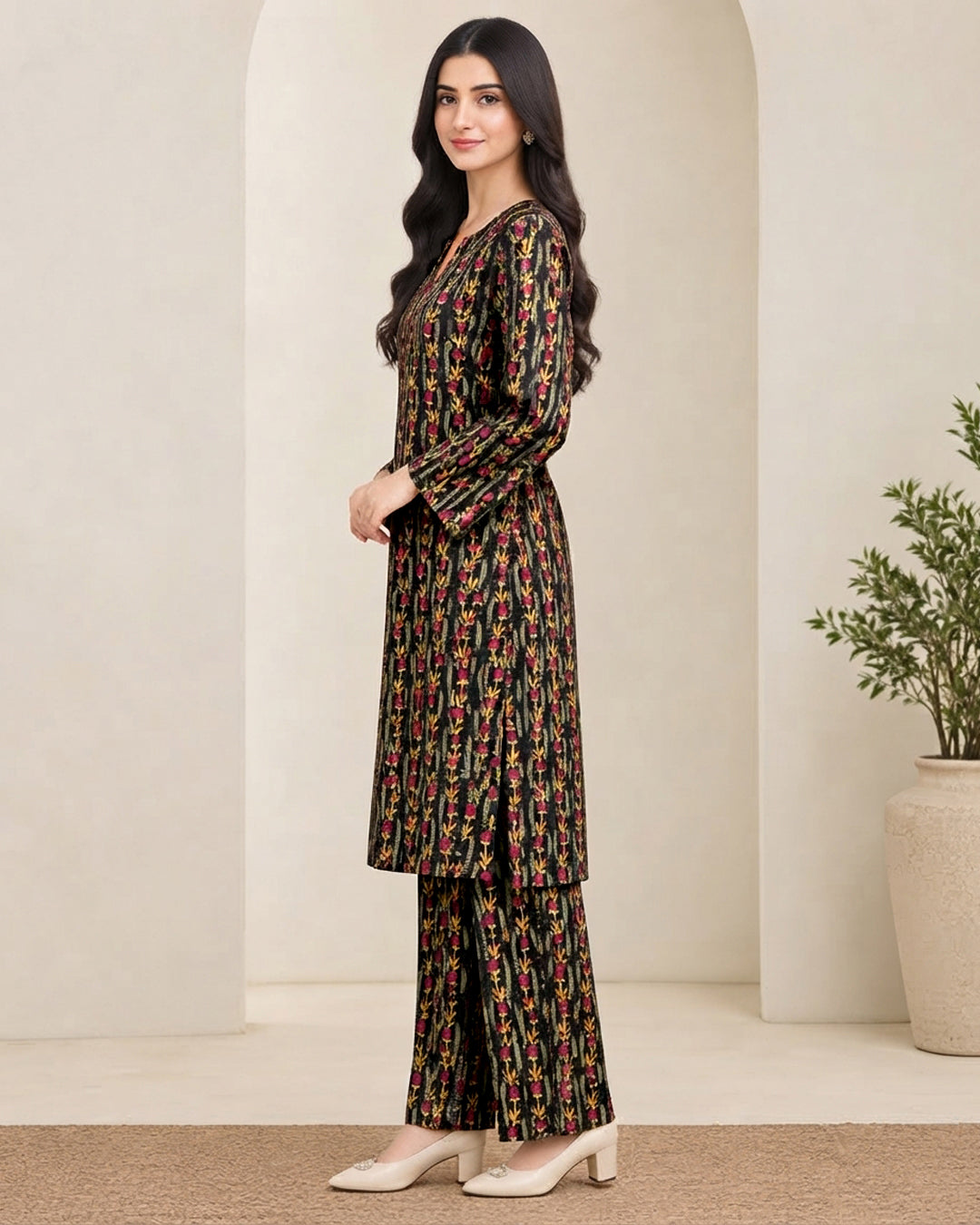 Black Floral Printed Unstitched 2-Piece Suit