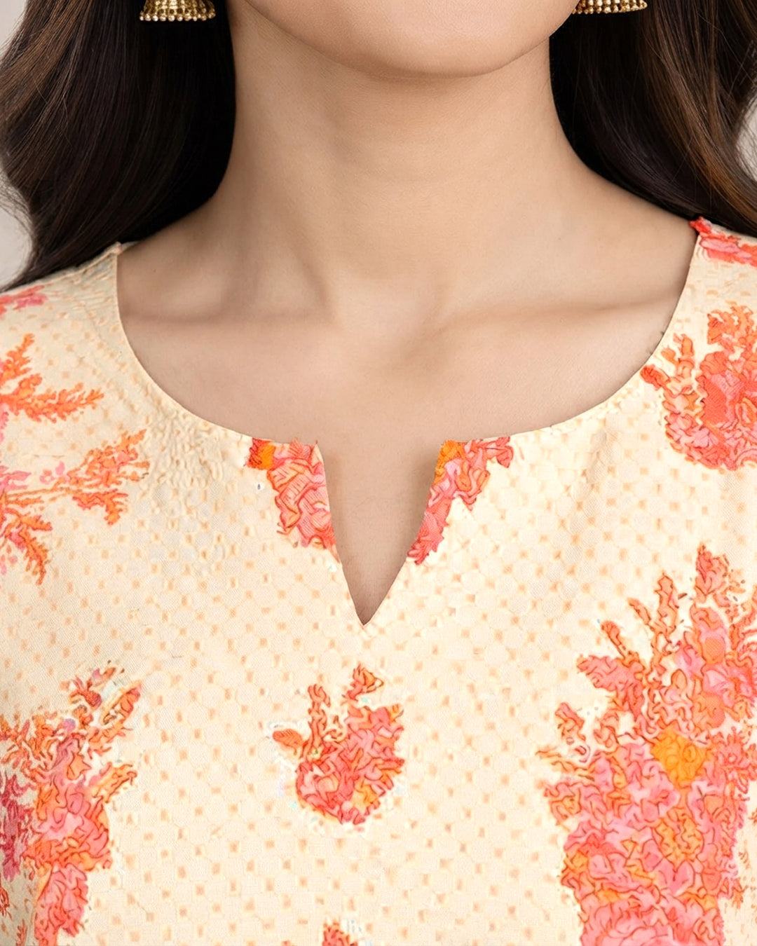 Peach Printed 1-Piece Khaddar Kurti for Women