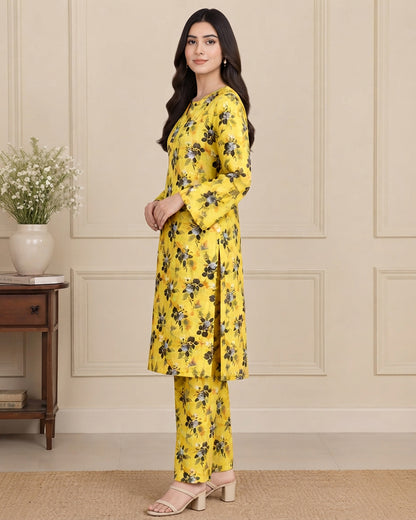 Yellow Floral Printed Unstitched 2-Piece Suit