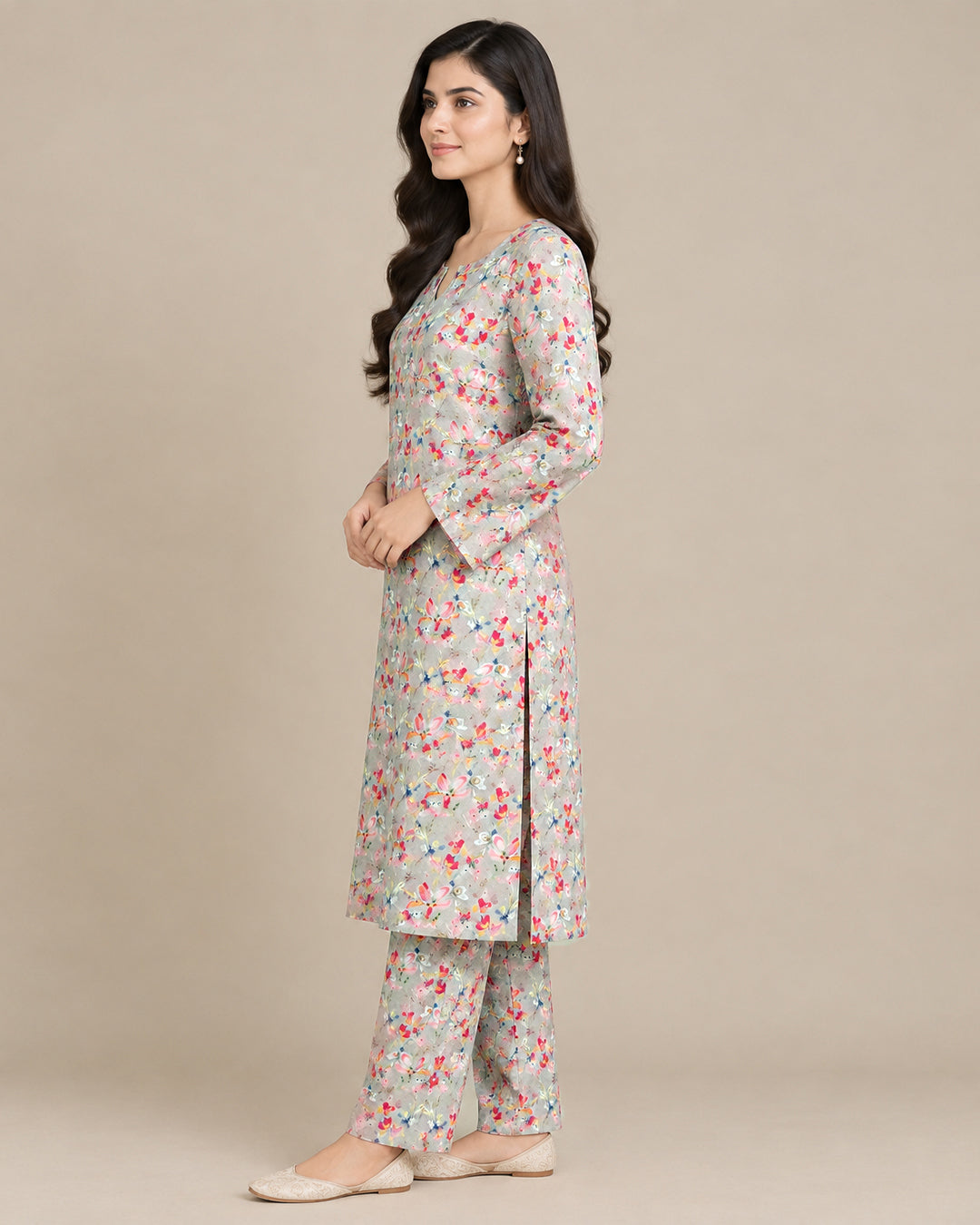 Grey Floral Printed Unstitched 2-Piece Suit