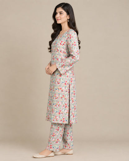Grey Floral Printed Unstitched 2-Piece Suit