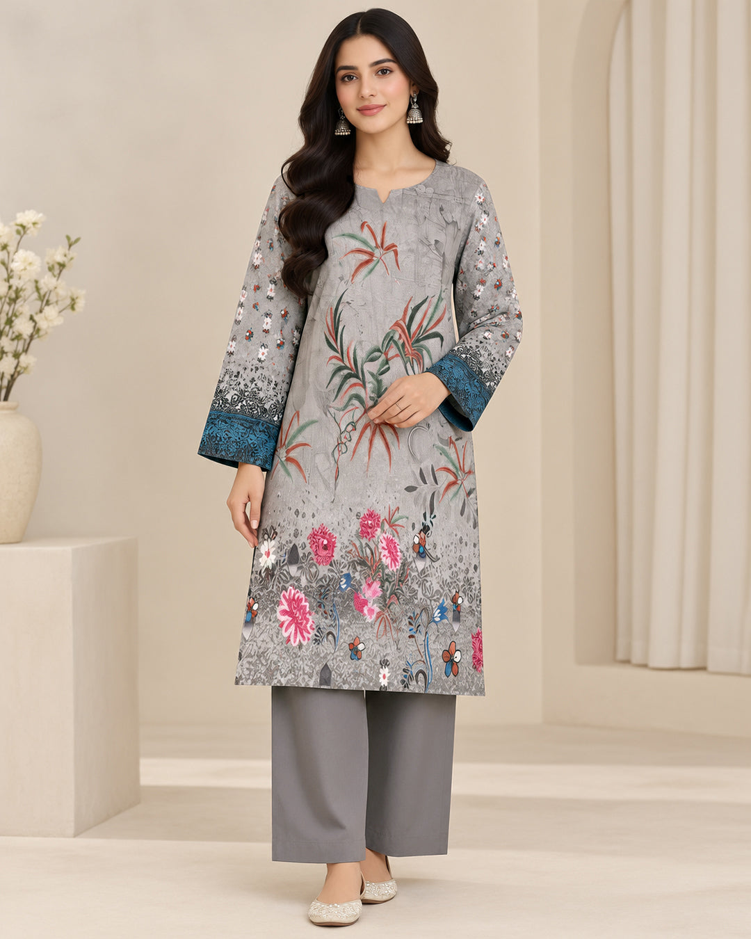 Grey Floral Printed Unstitched Lawn 3-Piece Suit