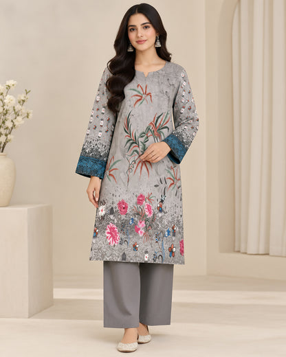 Grey Floral Printed Unstitched Lawn 3-Piece Suit