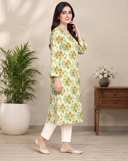 Off-White Printed 1-Piece Khaddar Kurti for Women