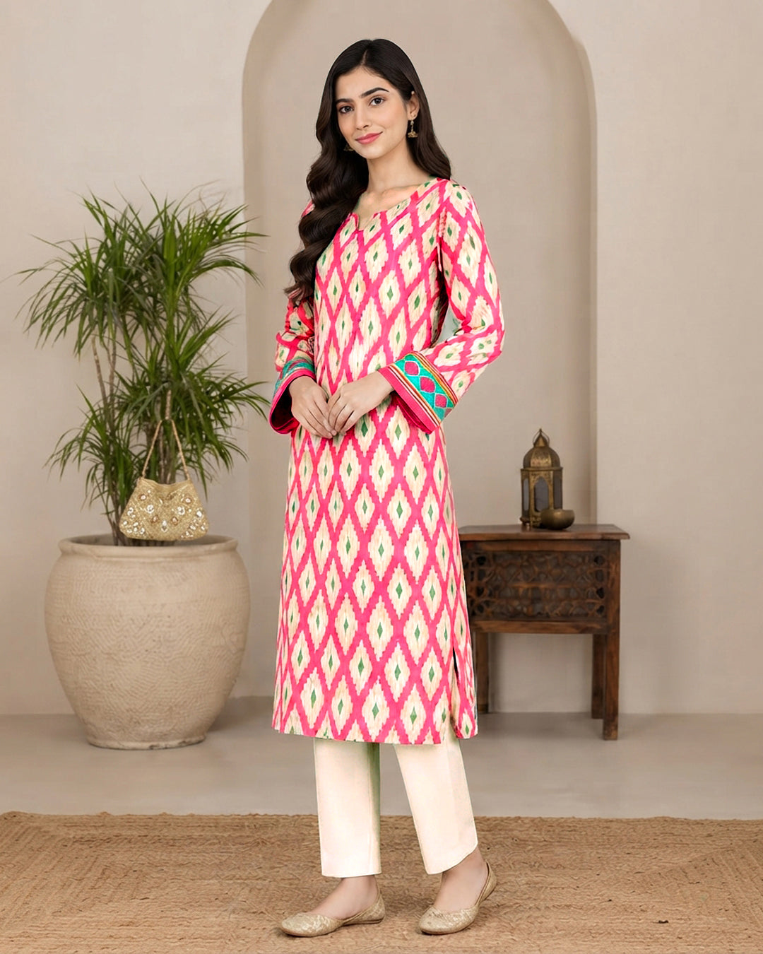 Pink Geometric Printed 1-Piece Khaddar Kurti for Women