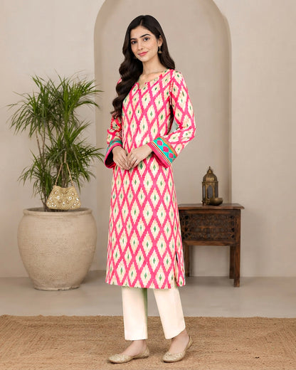 Pink Geometric Printed 1-Piece Khaddar Kurti for Women