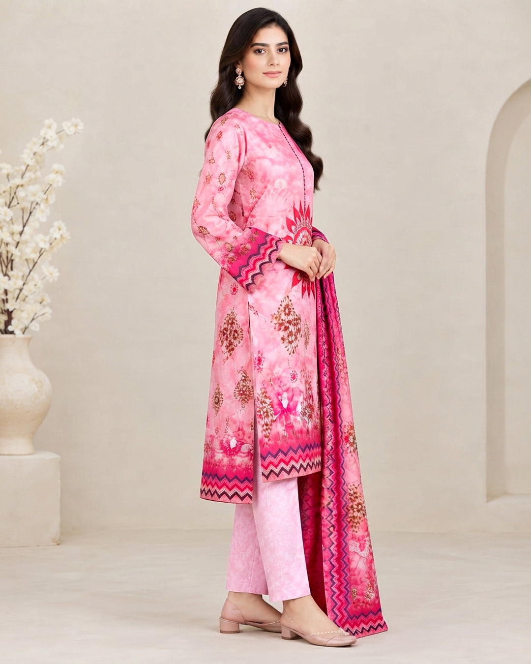 Pink Floral Printed Unstitched Lawn 3-Piece Suit