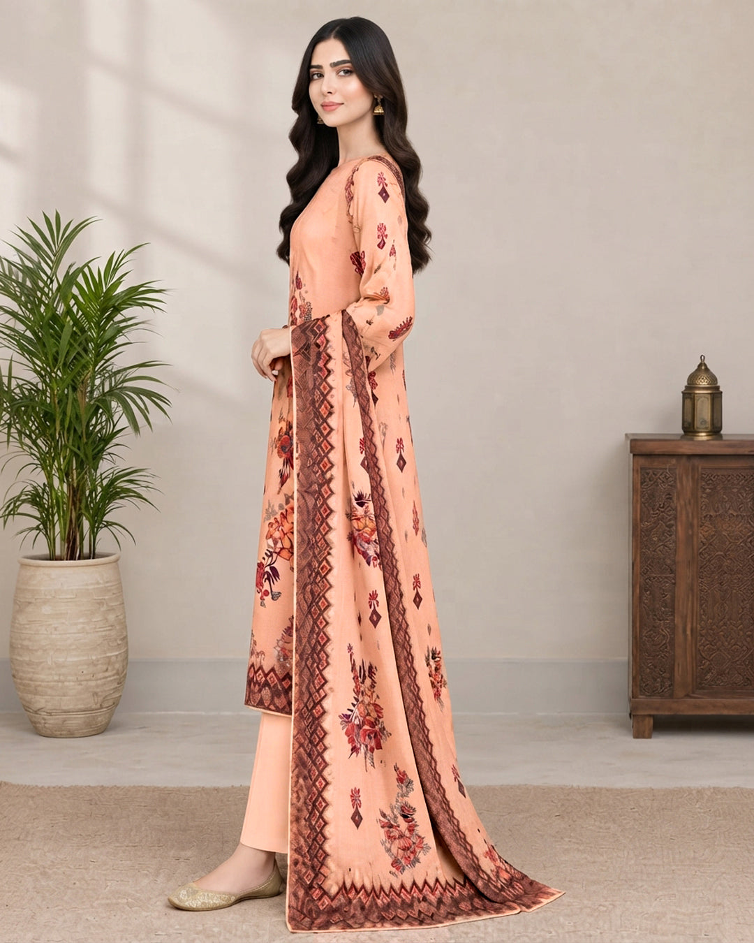 Peach Floral Printed Unstitched Lawn 3-Piece Suit