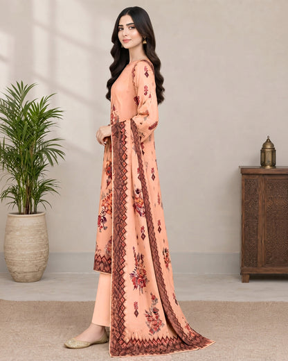 Peach Floral Printed Unstitched Lawn 3-Piece Suit