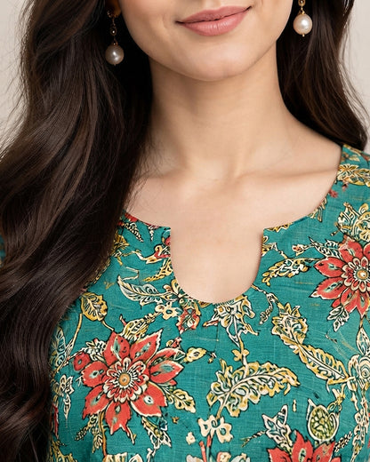 Teal Green Printed 1-Piece Khaddar Kurti for Women