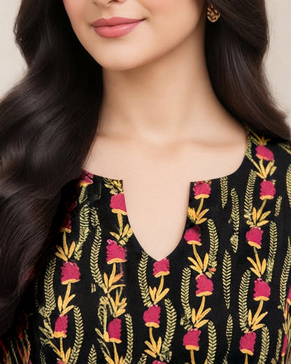 Black Floral Printed Unstitched 2-Piece Suit