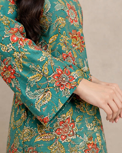 Teal Green Printed 1-Piece Khaddar Kurti for Women
