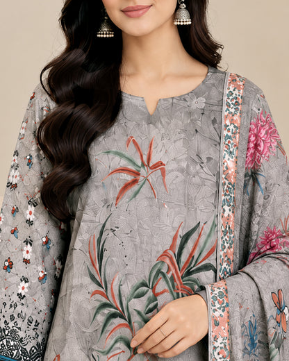 Grey Floral Printed Unstitched Lawn 3-Piece Suit