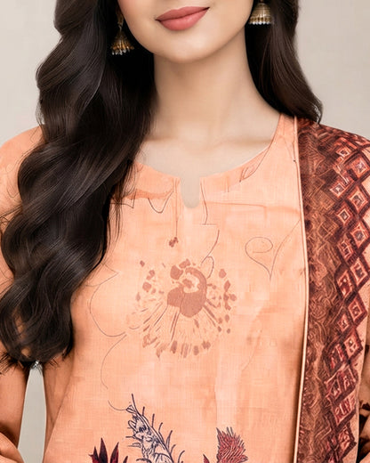 Peach Floral Printed Unstitched Lawn 3-Piece Suit