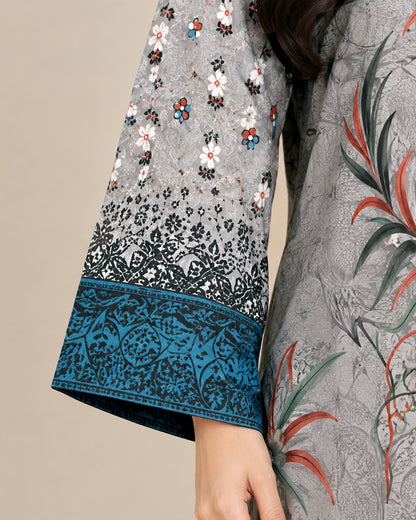Grey Floral Printed Unstitched Lawn 3-Piece Suit