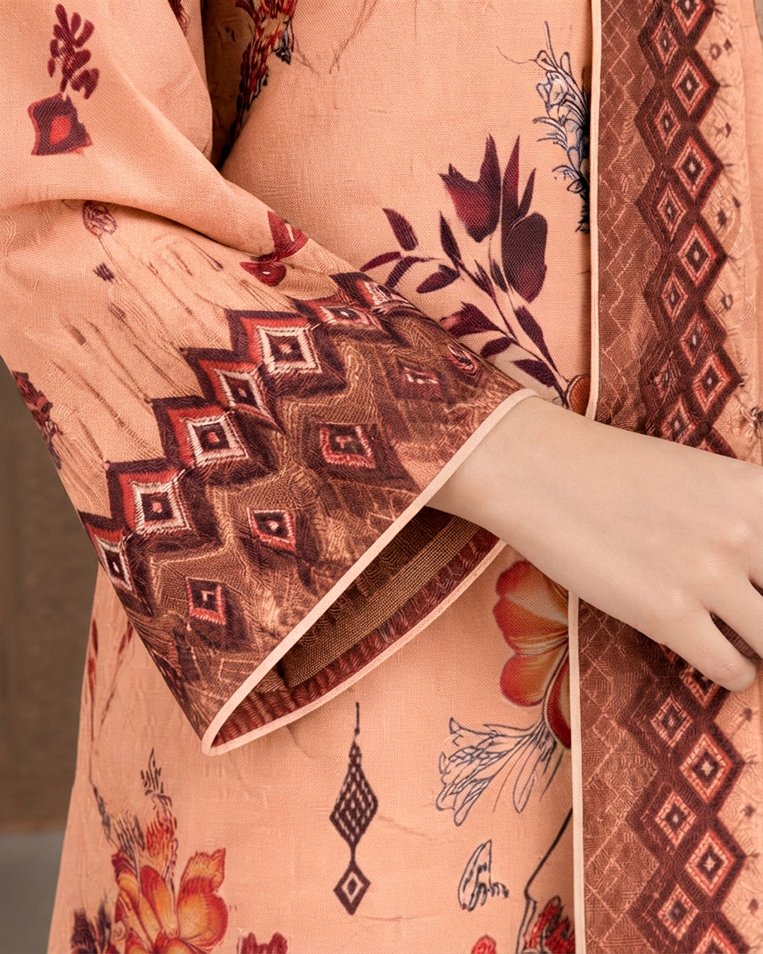Peach Floral Printed Unstitched Lawn 3-Piece Suit