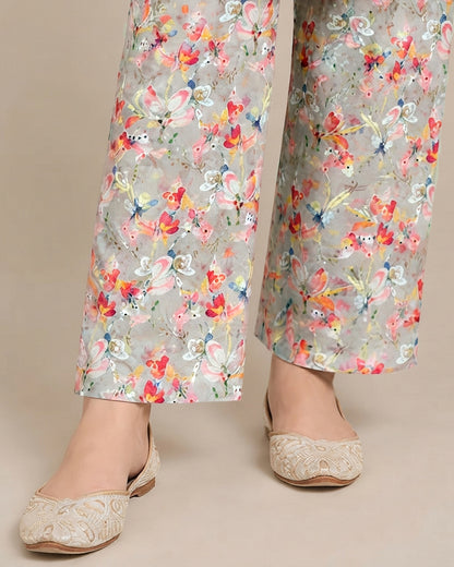 Grey Floral Printed Unstitched 2-Piece Suit